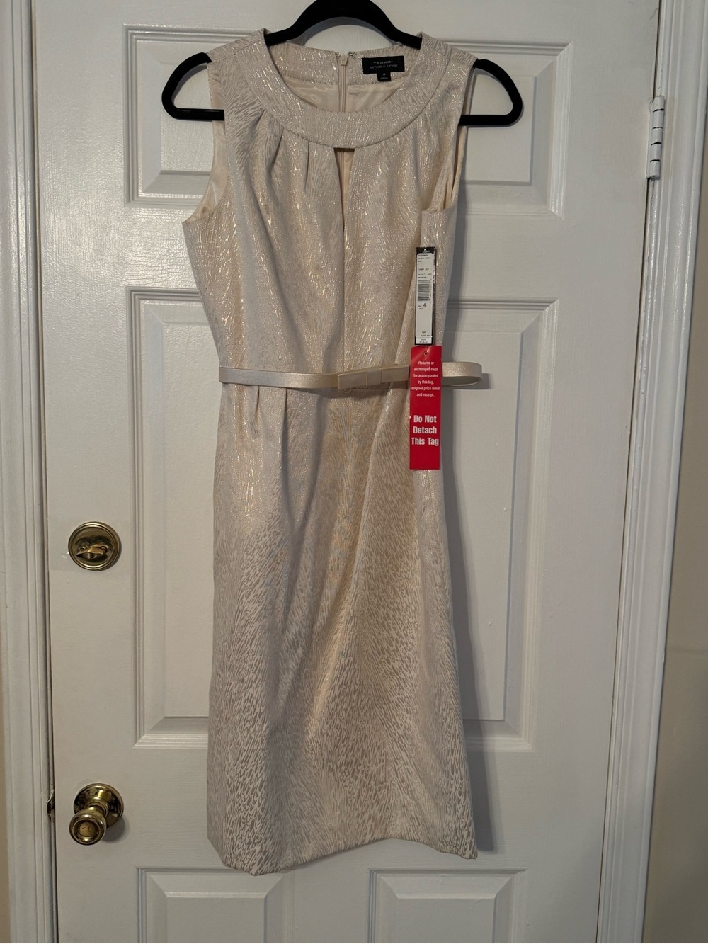 Tahari ASL Ivory Sleeveless Midi Sheath Dress with Belt